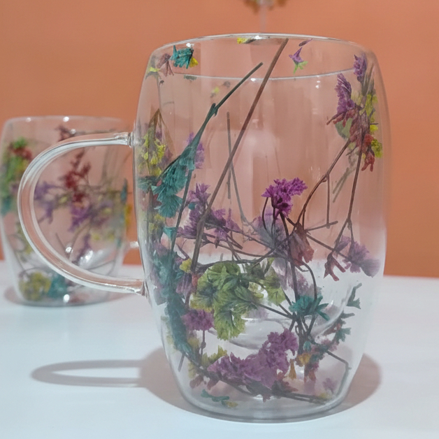 Caneca florida com vidro duplo de borossilicato 350ml flores secas entre os vidros em Oferta na Shopee