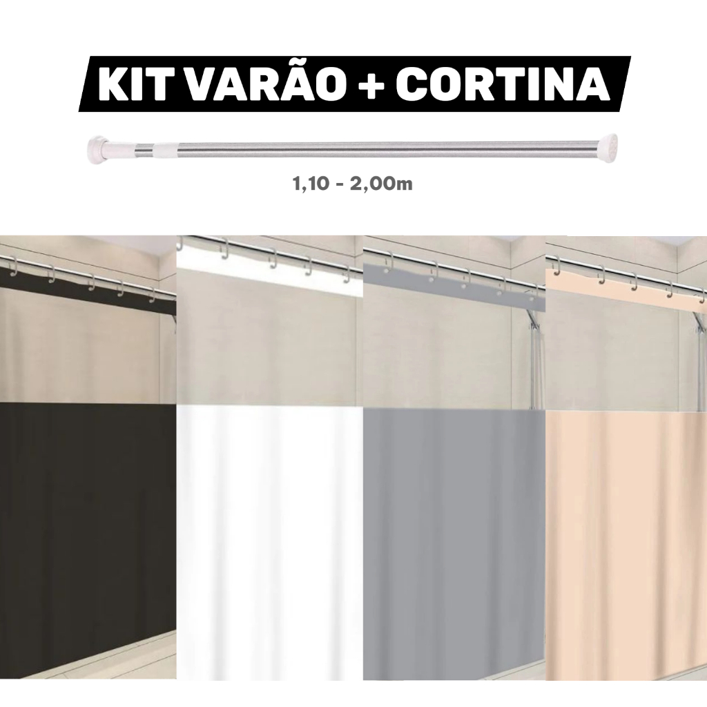 Kit Varão Extensível + Cortina de Banheiro Box Pvc com Visor Suporte Alumínio 2 Metros Bastão 1,10m até 2,00m
