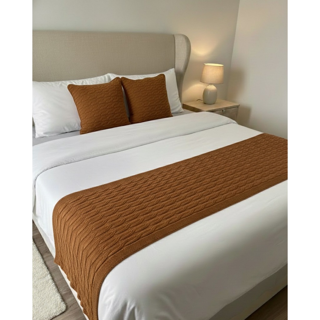 Kit Peseira Manta Tricô Decorativa Sofá Cama Queen 230x60cm + 2 Capas Tricot Decoração