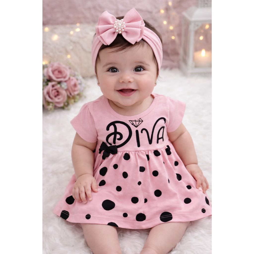 Vestido Diva Temático Bebê Recém Nascida Menina + Calcinha Mesversário Look Lindo e Conforto