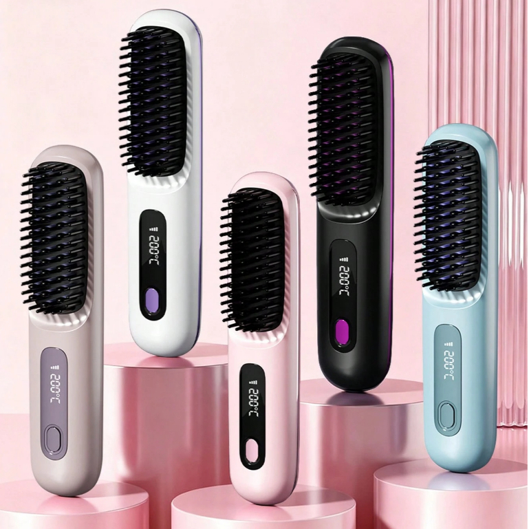 Escova Alisadora Sem Fio Recarregável 2 em 1 com Íons Negativos Portátil