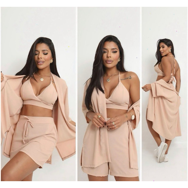 Conjunto feminino kimono 3 peças Tecido Duna M G e GG várias cores - praia