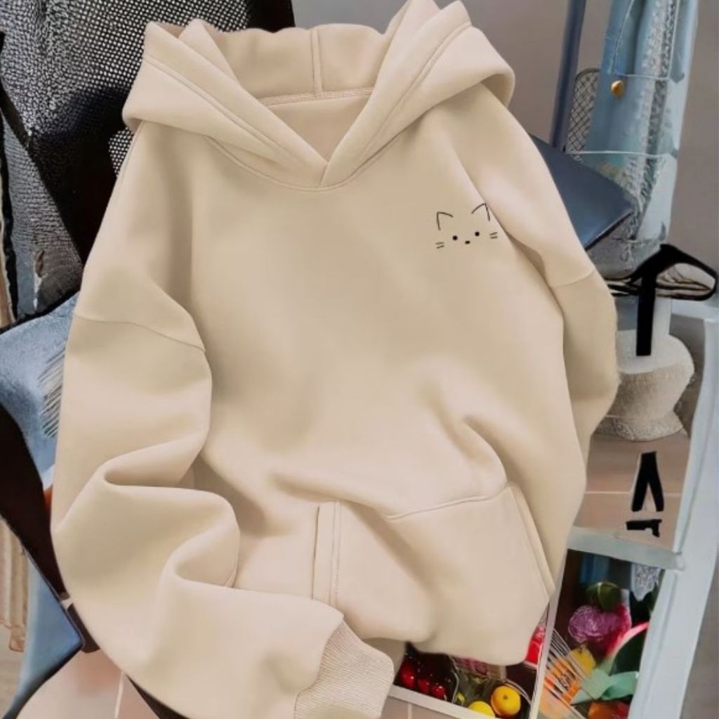 Moletom Canguru Feminino Estampa Minimalista Gatinho Tecido Peluciado Confortável