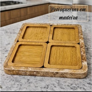 Conjunto 4 petisqueira Quadrada em Madeira
