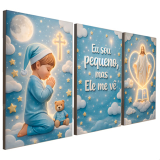 Quadros Decorativos 3 Peças Criança Infantil Menino Oração Nuvem "Ele Me Vê" Jesus Casa Sala Quarto Decoração Hall em Oferta na Shopee