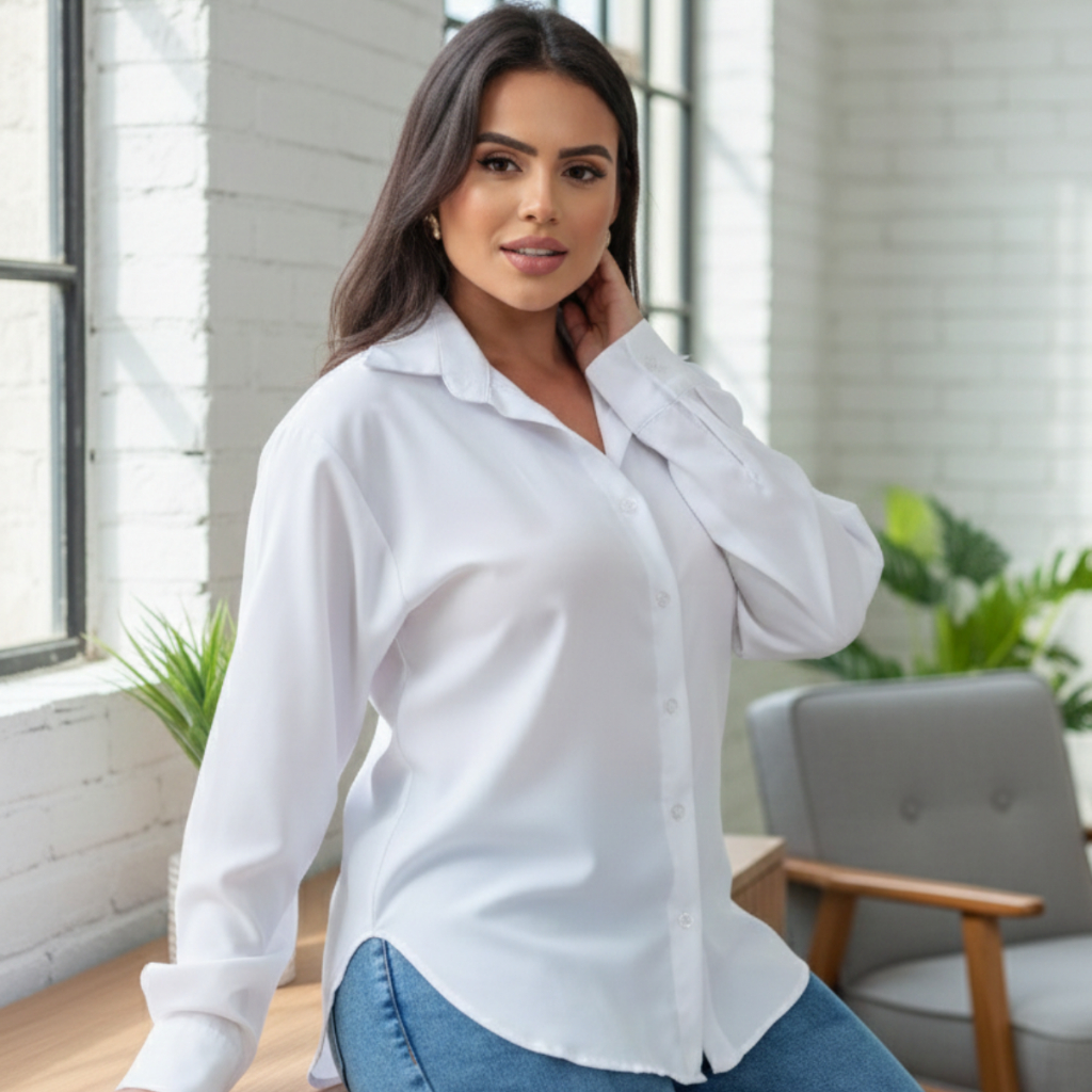 Camisa Camisete Social Feminina Manga Longa Oversized Elegante Basica Lisa Alongada Casual Chemise
