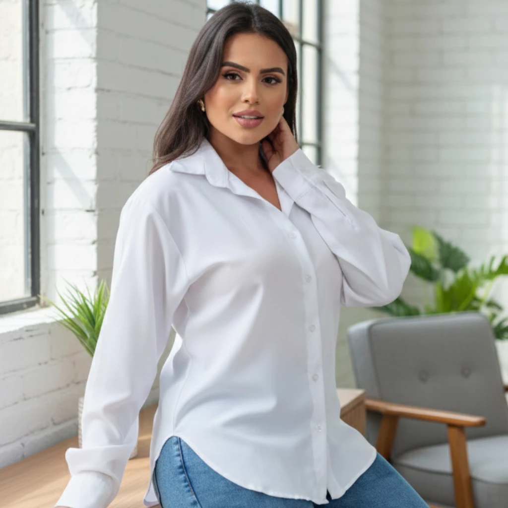Camisa Camisete Social Feminina Manga Longa Oversized Elegante Basica Lisa Alongada Casual Chemise Uniforme Trabalho — imagem 1