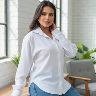 Camisa Camisete Social Feminina Manga Longa Oversized Elegante Basica Lisa Alongada Casual Chemise Uniforme Trabalho