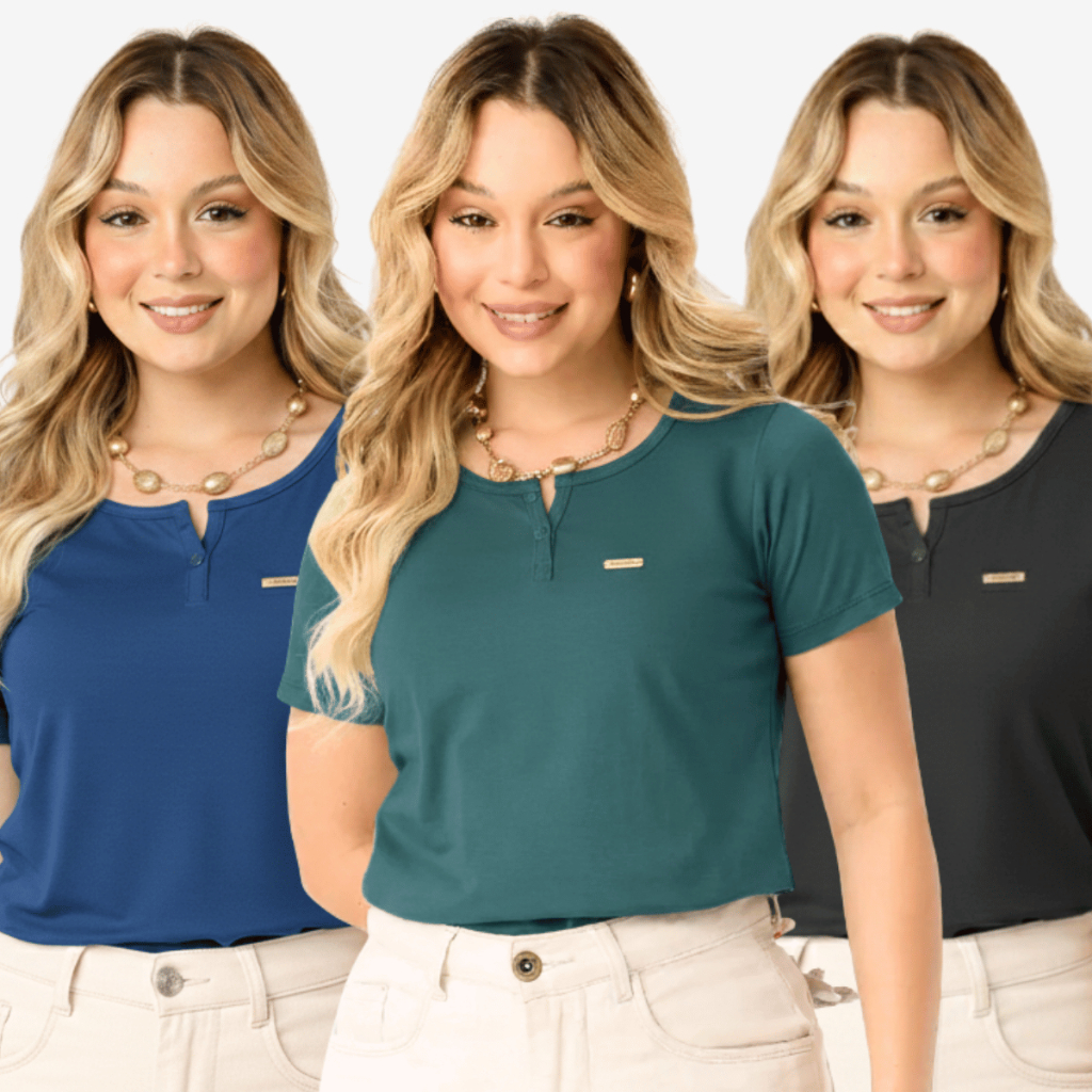 Blusa Feminina Estilosa Manga Curta Gola Redonda Botões Tecido Viscolycra Premium