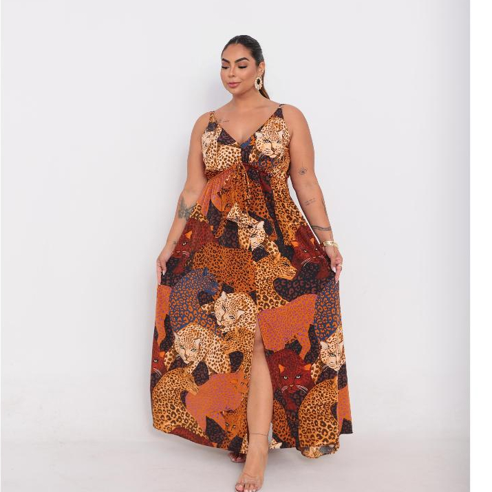 VESTIDO LONGO PLUZ ANIMAL PRINS SAIA AVERTO TAMANHOS G1 G2 TECIDO GREPPE em Oferta na Shopee
