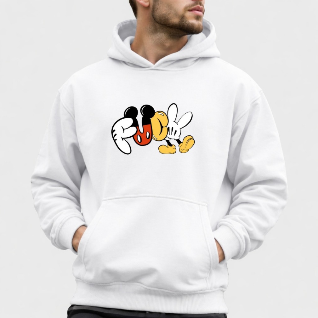 Blusa de Frio Moletom Grosso Flanelado Estampado Fuck e Mãos do Mickey Mouse Estilo Abrigo Canguru Adulto e Infantil