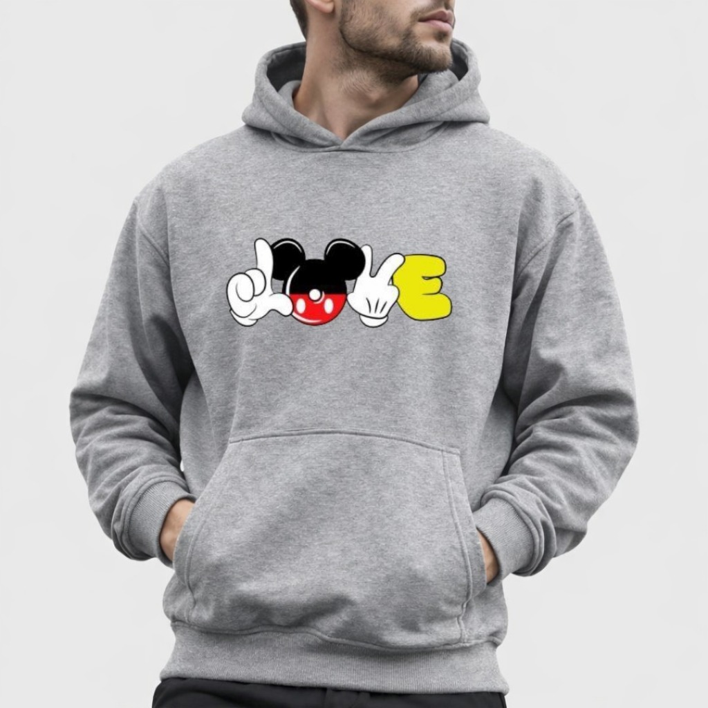 Blusa de Frio Moletom Grosso Flanelado Estampado Love e Mãos do Mickey Mouse Estilo Abrigo Canguru Adulto e Infantil