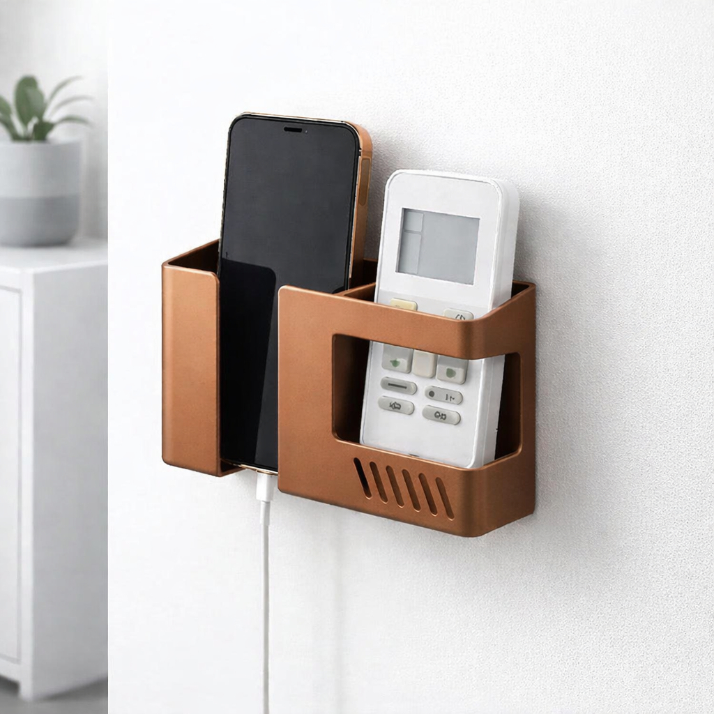 Suporte Celular Parede Duplo Dois em Um Multifuncional Sem Furar Kit Para Controle Bronze Cobre Metalizado