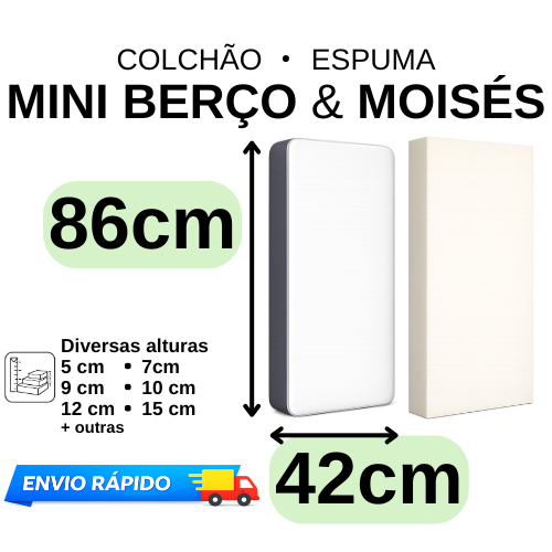 Colchão ou Espuma 86x42cm D18 para Mini Berço Moisés Altura Sob Medida Antialérgico