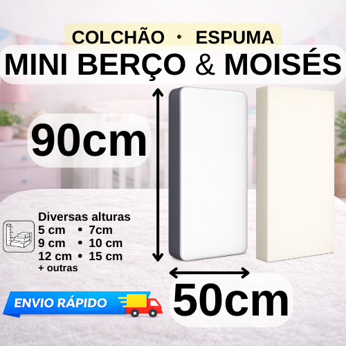 Colchão ou Espuma 90x50cm D18 Hipoalergênico para Mini Berço Moisés Altura Sob Medida Personalizada