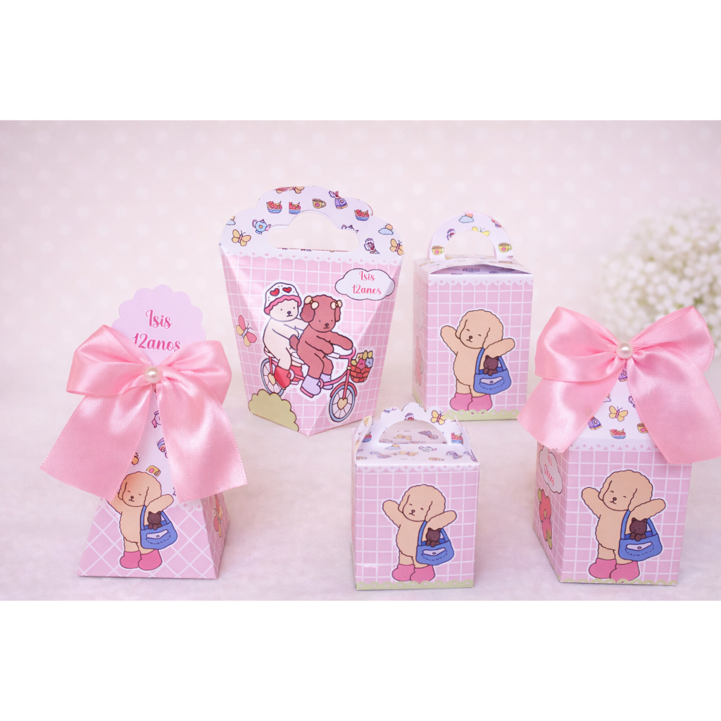 Kit Caixas Personalizadas Ursinho Rosa - Montadas e acompanha laço conforme foto.