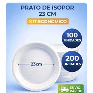 Prato de Isopor Térmico 23 cm Raso Reforçado | Kit 100 ou 200 | Refeição Churrasco Festa em Oferta na Shopee