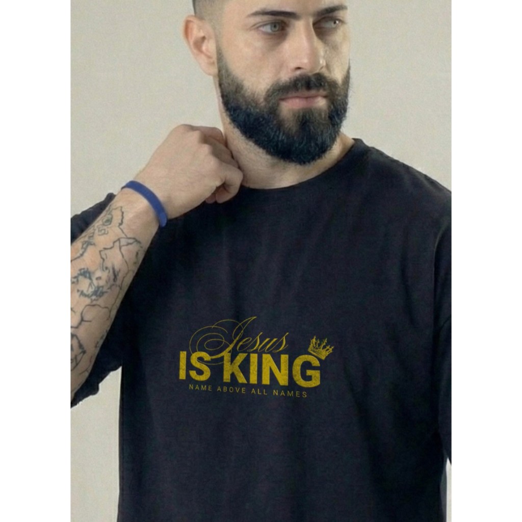 Camisa Evangélica Masculina Cristã Longline Oversized Streetwear Slim Algodão Jesus is King