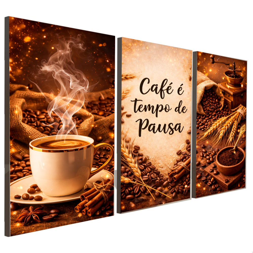 Quadros Decorativos 3 Peças Café Xicara "Café é Tempo de Pausa" Casa Sala Quarto Decoração Hall em Oferta na Shopee