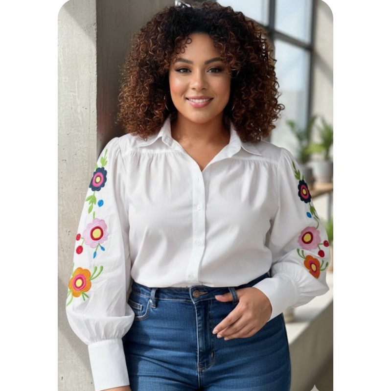 camisa manga longa social bordado feminina slim e plus em Oferta na Shopee