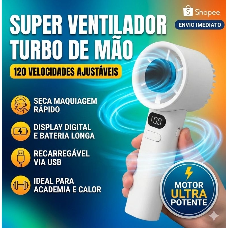 Mini Ventilador Portátil USB Recarregável Turbo 120 Velocidades Display Digital em Oferta na Shopee