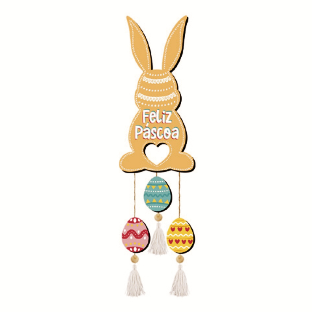 Pascoa - Placa Decorativa de Parede - Feliz Pascoa Coelhinha com 3 Ovinhos