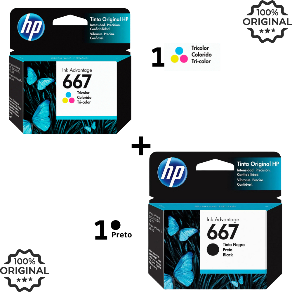 Kit Cartucho de Tinta HP 667 Original Preto e Colorido para HP DeskJet Ink Advantage