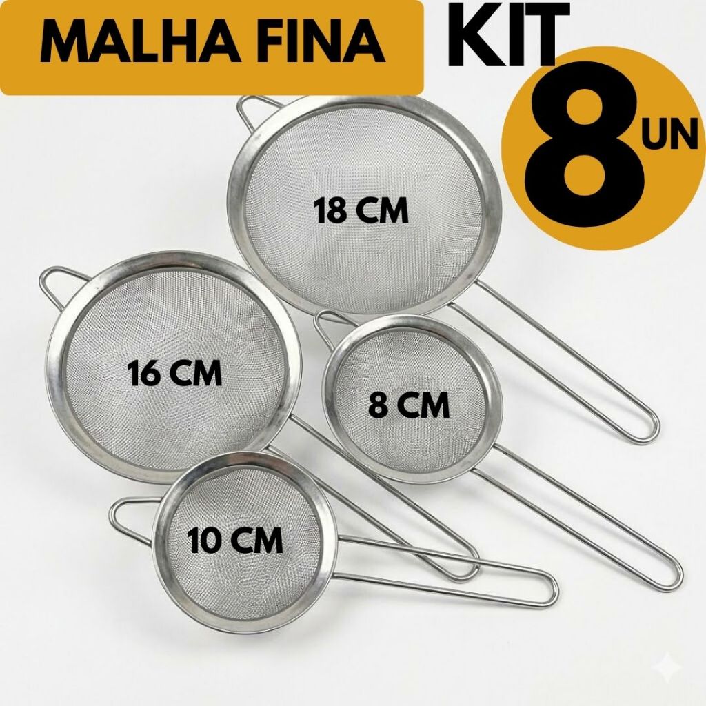 Jogo 8 Peneira Aço Inox Profissional Filtra Farinha Sucos Para Casa Cozinha Restaurant em Oferta na Shopee