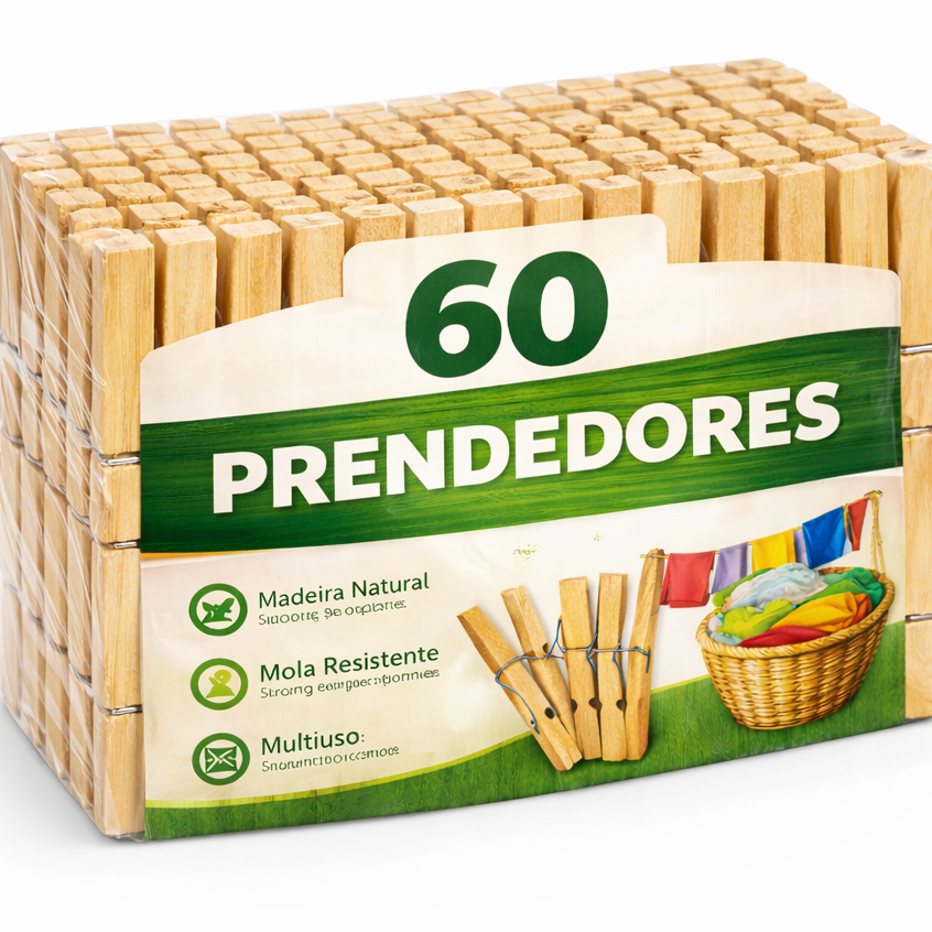Kit com 60 Prendedores de Roupa em Madeira | Pregadores para Artesanato, Embalagem e Decoração