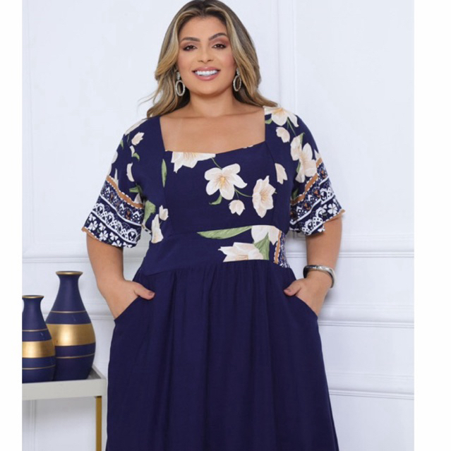 Vestido Plus Size Viscolinho Estampado com Bolsos – Leve, Fresco e Elegante Vestindo do G1 ao G3 em Oferta na Shopee