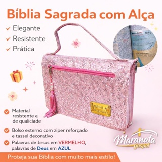 Bíblia Sagrada Estilo Bolsa Com Harpa Palavras Jesus em Vermelho e Deus em Azul Mapas Evangélica Brilho rosa mulher em Oferta na Shopee