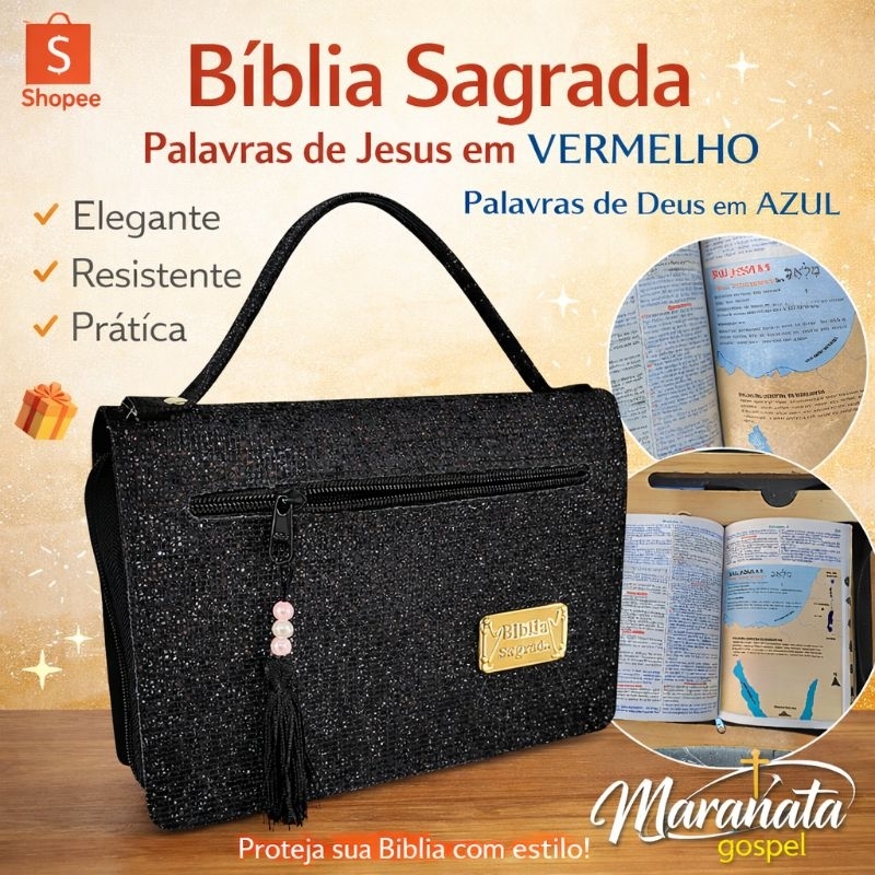 Bíblia Sagrada Estilo Bolsa Com Harpa Palavras de Jesus em Vermelho Mapas coloridos Preta Glitter Luxo Evangélica em Oferta na Shopee