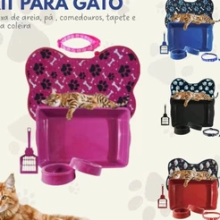 kit gato top caixa de areia tapete comedouro coleira