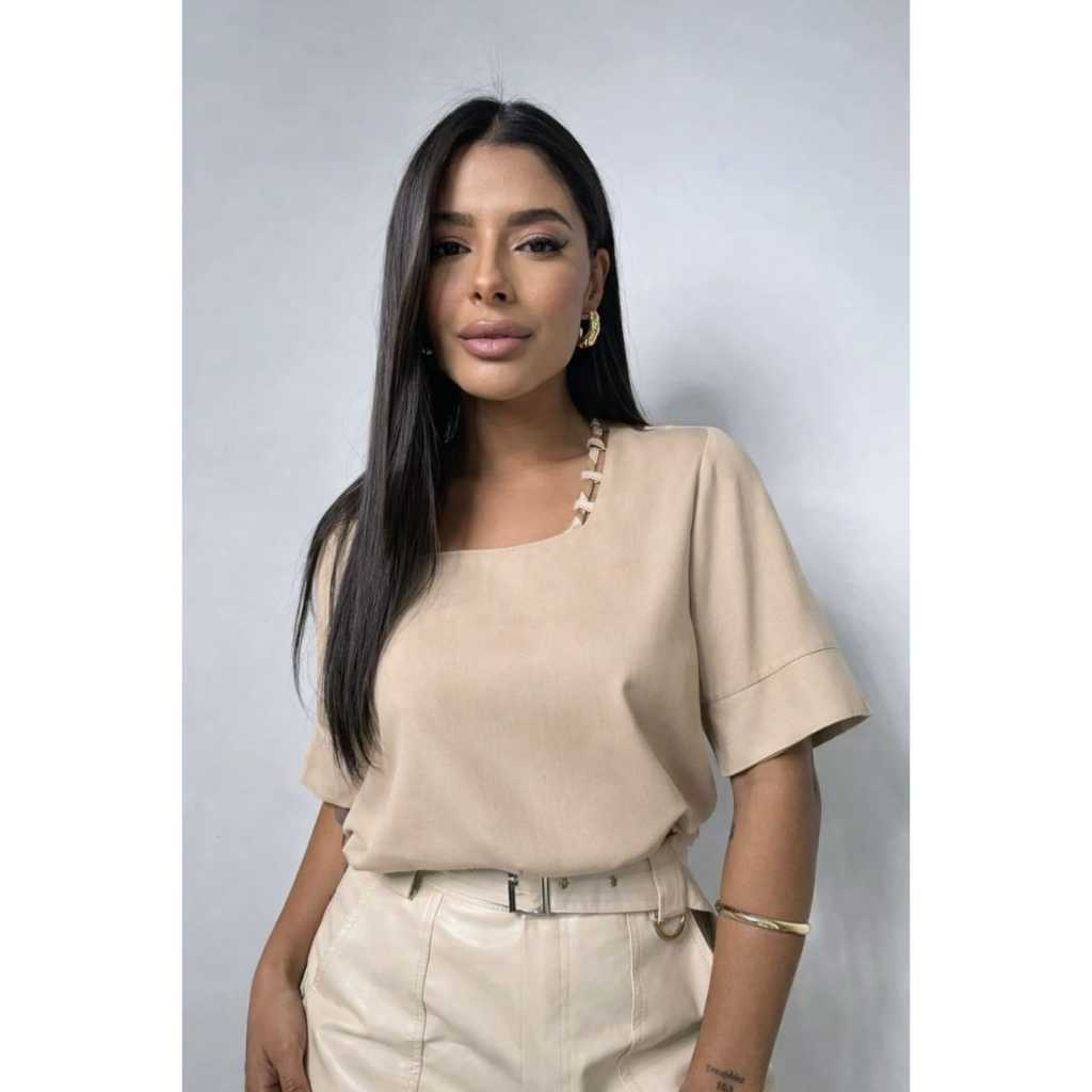 Blusa Feminina Manga Curta Viscolinho Social Casual Decote Quadrado