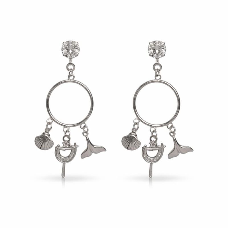 Brinco de aço inox, Zircônia aro c/ pingentes Concha, Abebé, Búzio 3,0 cm - 017