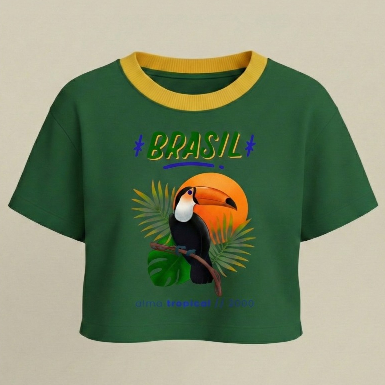 Cropped Top Blusinha Estampada Tucano Brasil Tendencia Copa do Mundo Primavera Lançamento