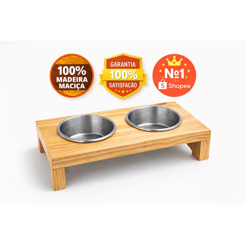 kit Comedouro Pet Elevado Madeira Pinus duplo Vasilhas Alumínio 300ml Lavável cachorro gato moderno