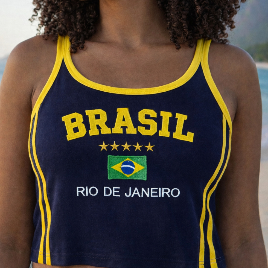 Camisa Do Brasil Feminina Blusinha de Alcinha Regata Bordada Rio De Janeiro Canelada Copa do Mundo Verde e Amarela