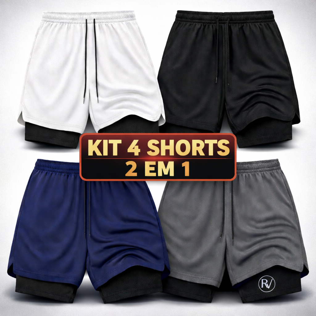 Kit 4 Shorts Masculinos P ao G4 Dryfit 2 em 1 Com Elastano Secagem Rápida Para Academia e Treino