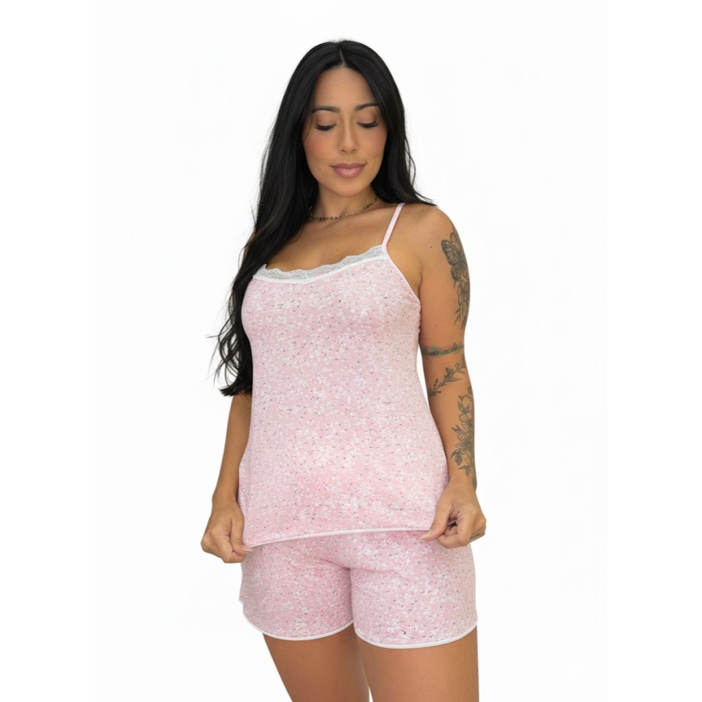 Pijama Sexy Com Renda Bicolor Kit Conjunto Short Doll Liso Estampado Sexy Verão Pijama de Calor Fresquinho