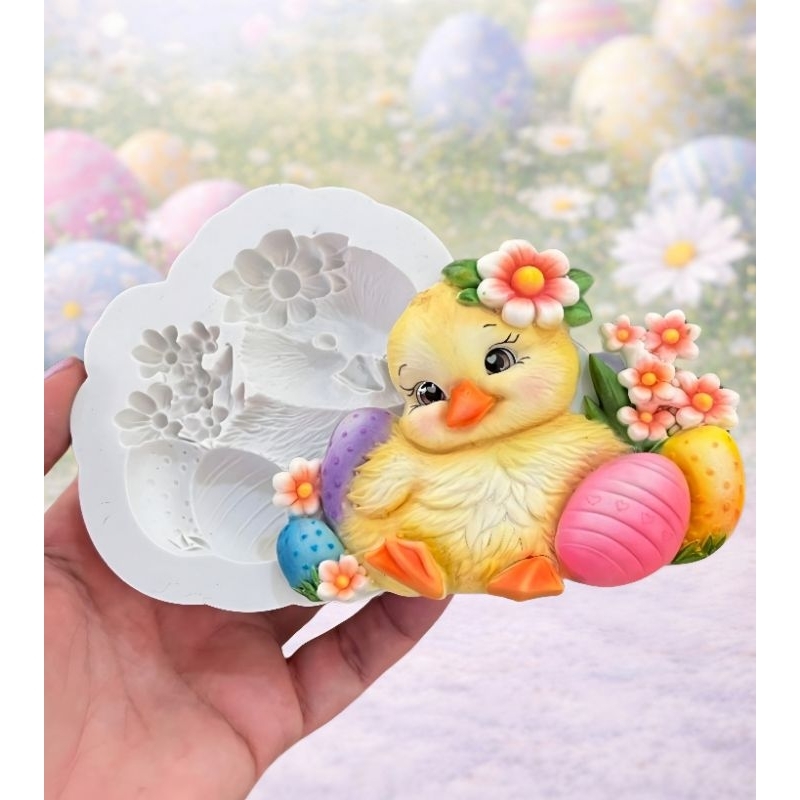 Molde de silicone Patinho Flores e ovinhos