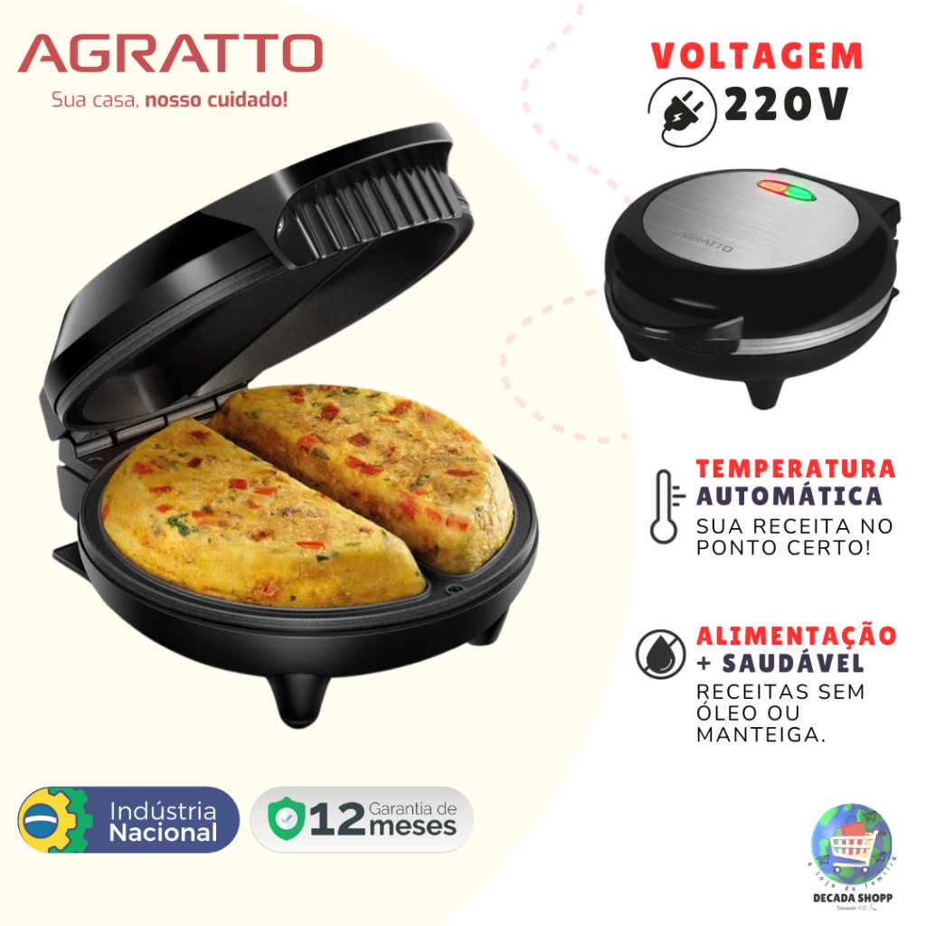 Imagem Omeleteira Elétrica Agratto 220V Antiaderente 800W Inox Dupla Luz Piloto Base Porta Fio - 2 Omeletes