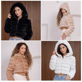 Jaqueta Puffer Feminina Teddy  Pelúcida  forrada por dentro Inverno Pelinhos com capuz removível