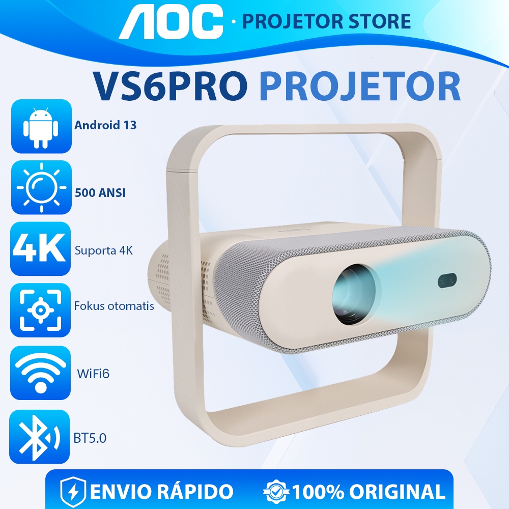 AOC Projetor Portátil 1080P Android13 Foco Automático WiFi Bluetooth Led Cinema em Casa Compatível 4K