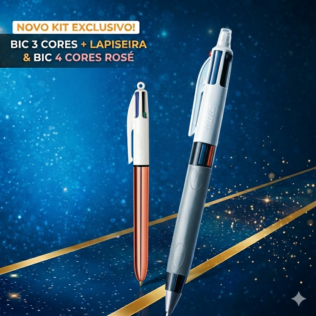 Kit Caneta BIC 3 Cores + Lapiseira 0.7mm & BIC 4 Cores Shine Rosé Gold