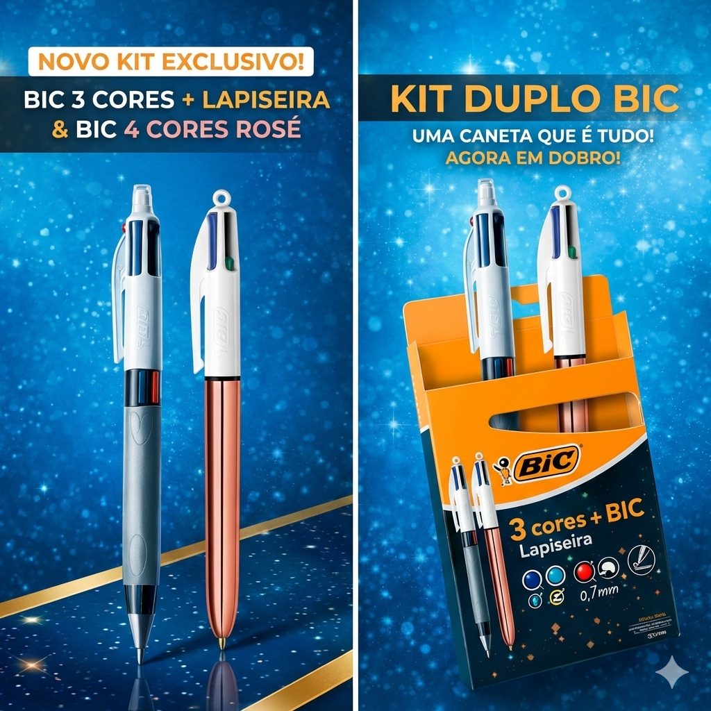 Kit Caneta BIC 3 Cores + Lapiseira 0.7mm & BIC 4 Cores Shine Rosé Gold