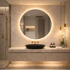 Espelho Decorativo Redondo 80x80cm Com Led Lapidado Fonte Slim Moderno Sala, Quarto, Lavabo Banheiro, Penteadeira