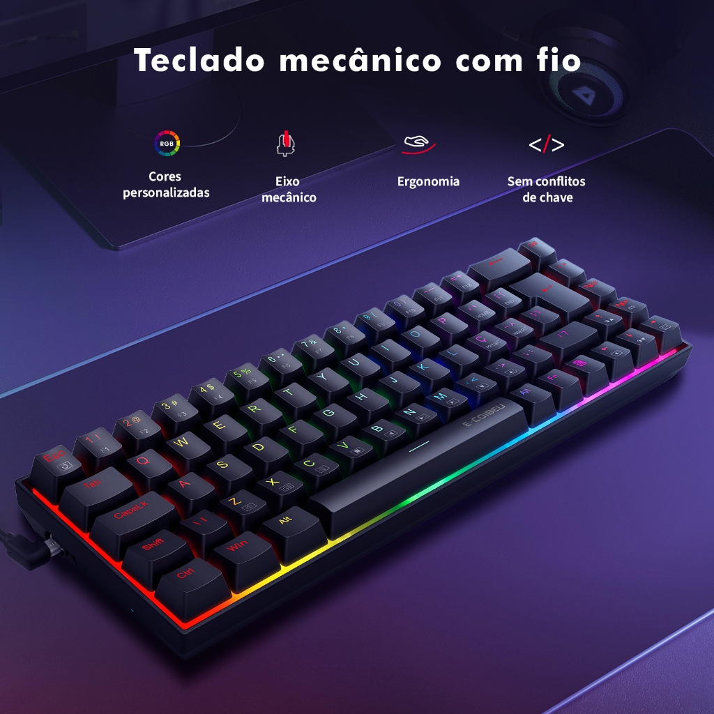 Teclado Mecânico Ergonomico Preto - RGB e Junta Portuguesa
