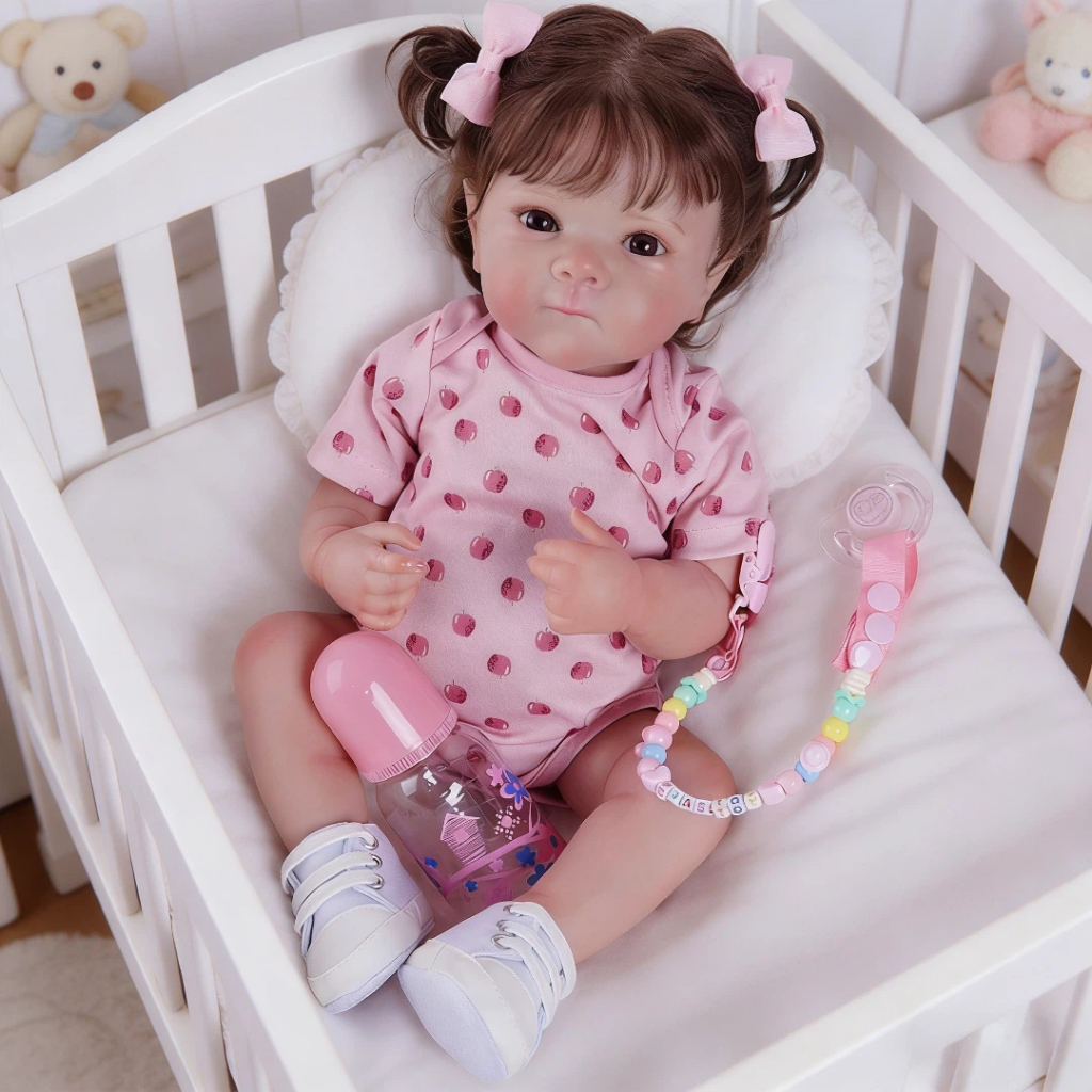 Bebê Reborn Boneca Silicone 48cm Menina Olho Castanho Kit com Acessórios Brastoy em Oferta na Shopee