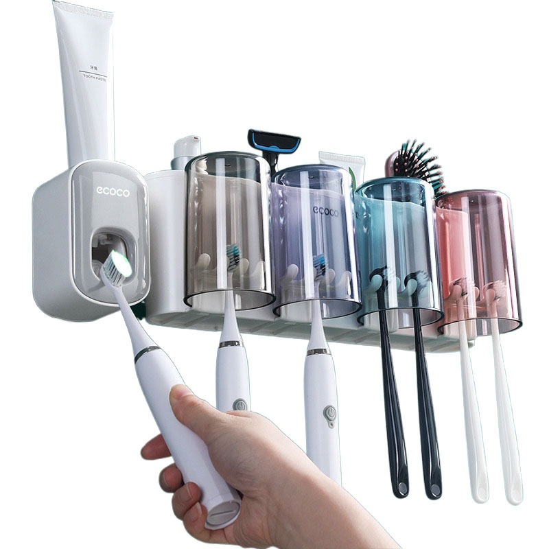 Kit Organizador Banheiro Dispenser Pasta Dental + Suporte Escova 4 Copos